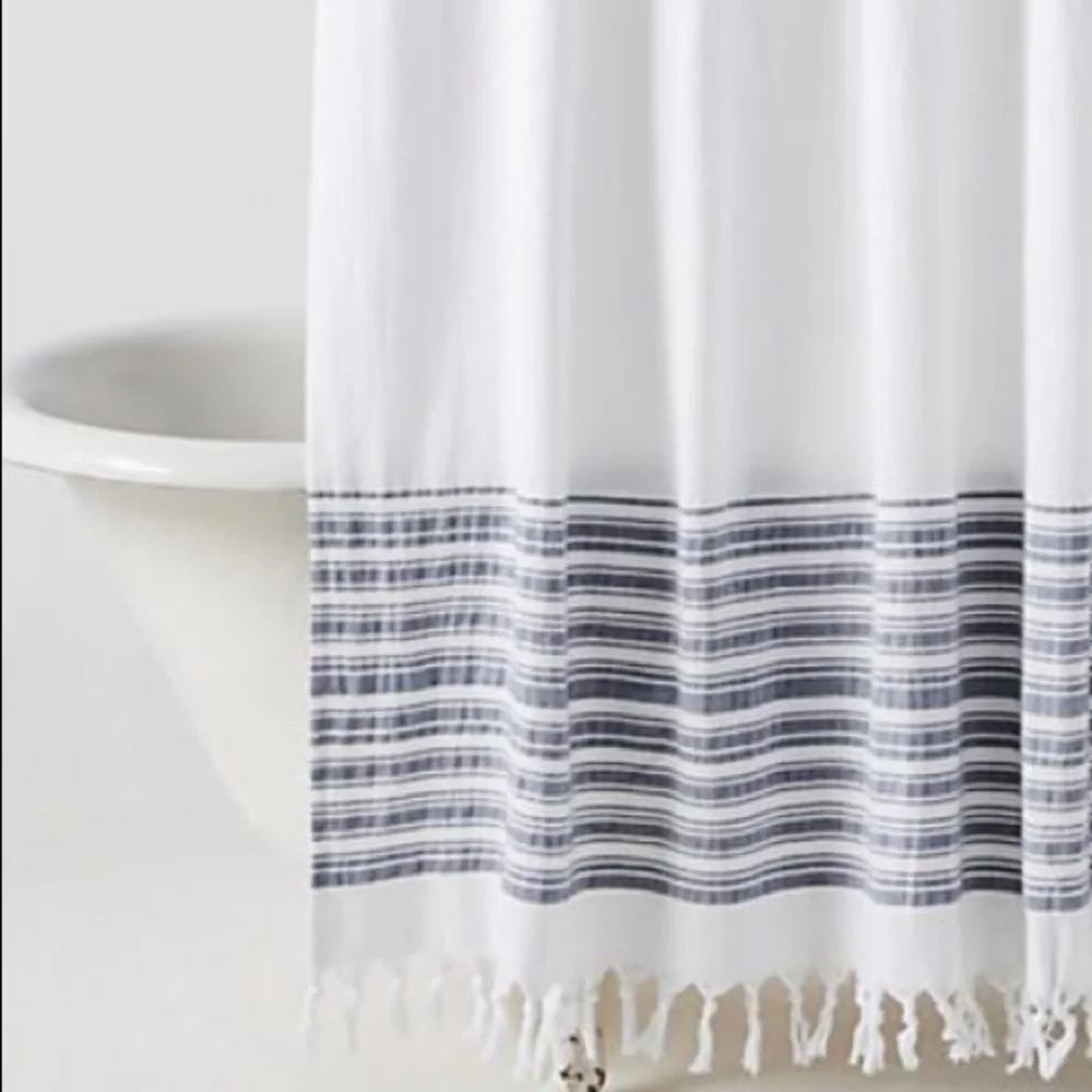 Anthropologie Tasseled Raya Shower Curtain -Blue Stripes